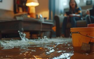 Flooded living room with buckets collecting water