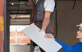 Construction workers installing drywall indoors for Commercial Water Damage Restoration, replacing damaged materials to restore safety and functionality.