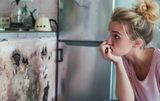 Concerned woman looking at kitchen mold damage.