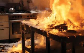 A kitchen engulfed in flames causes severe damage, highlighting the importance of fire damage restoration to repair and restore the affected space.
