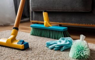 Cleaning tools on carpet near sofa