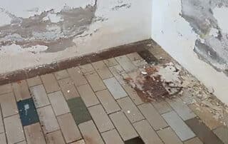 A room with water damage and peeling walls, emphasizing how long water damage restoration takes to repair, restore, and address affected areas effectively.