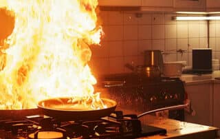 Kitchen stove fire with flames and cookware highlights the need for fire damage restoration to repair damage, ensure safety, and restore functionality.