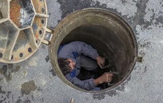 A worker climbing out of a manhole on the street, emphasizing important steps after a sewer backup cleanup to ensure safety and proper restoration.