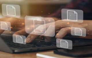 Virtual screen icons Document Management System (DMS) Online document database, software for efficient archiving, searching and management of company files and data. Document management concept.