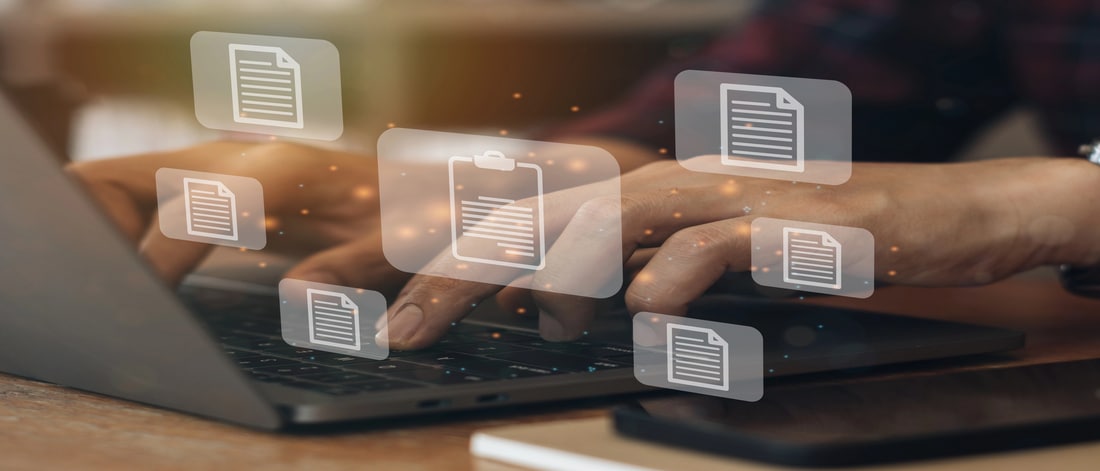 Virtual screen icons Document Management System (DMS) Online document database, software for efficient archiving, searching and management of company files and data. Document management concept.