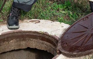 A worker opening a sewer manhole cover, emphasizing the need for sewer overflow cleanup to address and restore areas affected by sewage spills.
