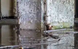 Flooded basement showing high water damage with soaked flooring, stained walls, damp concrete surfaces, and debris left behind after water receded. Image highlights moisture intrusion, discoloration, and conditions that can lead to mold growth and structural issues if not properly addressed.