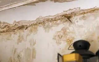 Water damage and mold on the wall ceiling, highlighting the signs of water leaks in the wall, including discoloration, mold growth, and dampness.