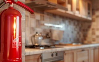 Red fire extinguisher in a modern kitchen setting.