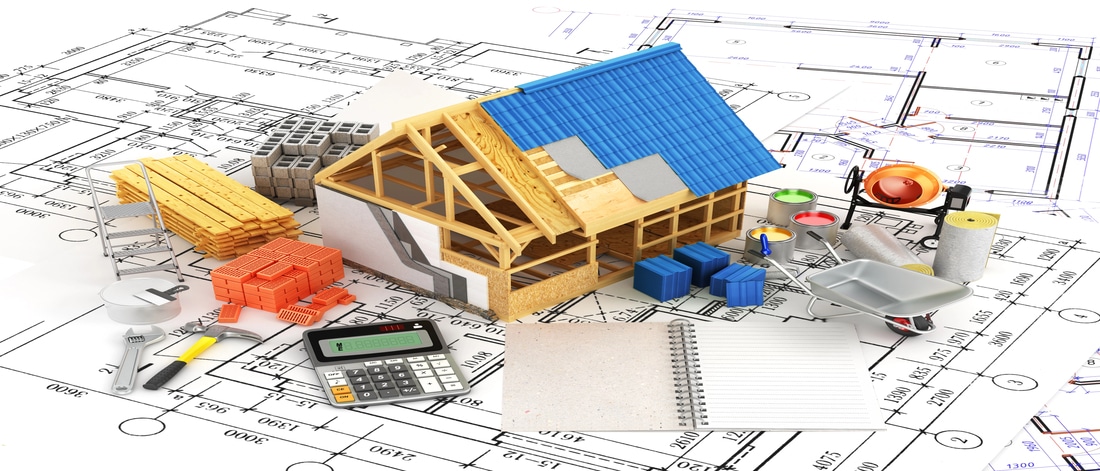 Model of a house under construction placed on architectural blueprints, surrounded by building materials, tools, paint cans, calculator, and notebook representing restoration planning and rising material costs.