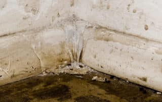 Moldy corner of a room with damp walls, emphasizing the need for a water damage contractor to assess and restore areas affected by water damage and mold growth.