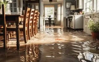 A flooded kitchen and dining room with wooden chairs, emphasizing the need for a water extraction company to remove water and restore the affected areas.