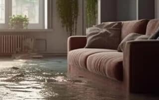A flooded living room with a couch and window view, highlighting the importance of a water remediation company to restore the space and mitigate water damage.