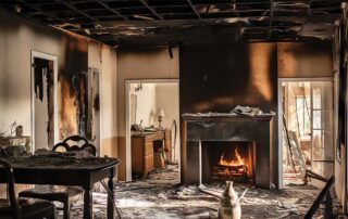 Burned living room with fireplace and charred walls.