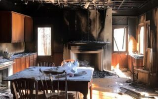 Fire-damaged kitchen and dining area