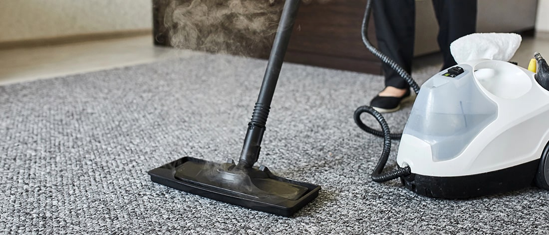 Professional carpet cleaner using specialized equipment to remove water and restore a carpet after flood or water damage.
